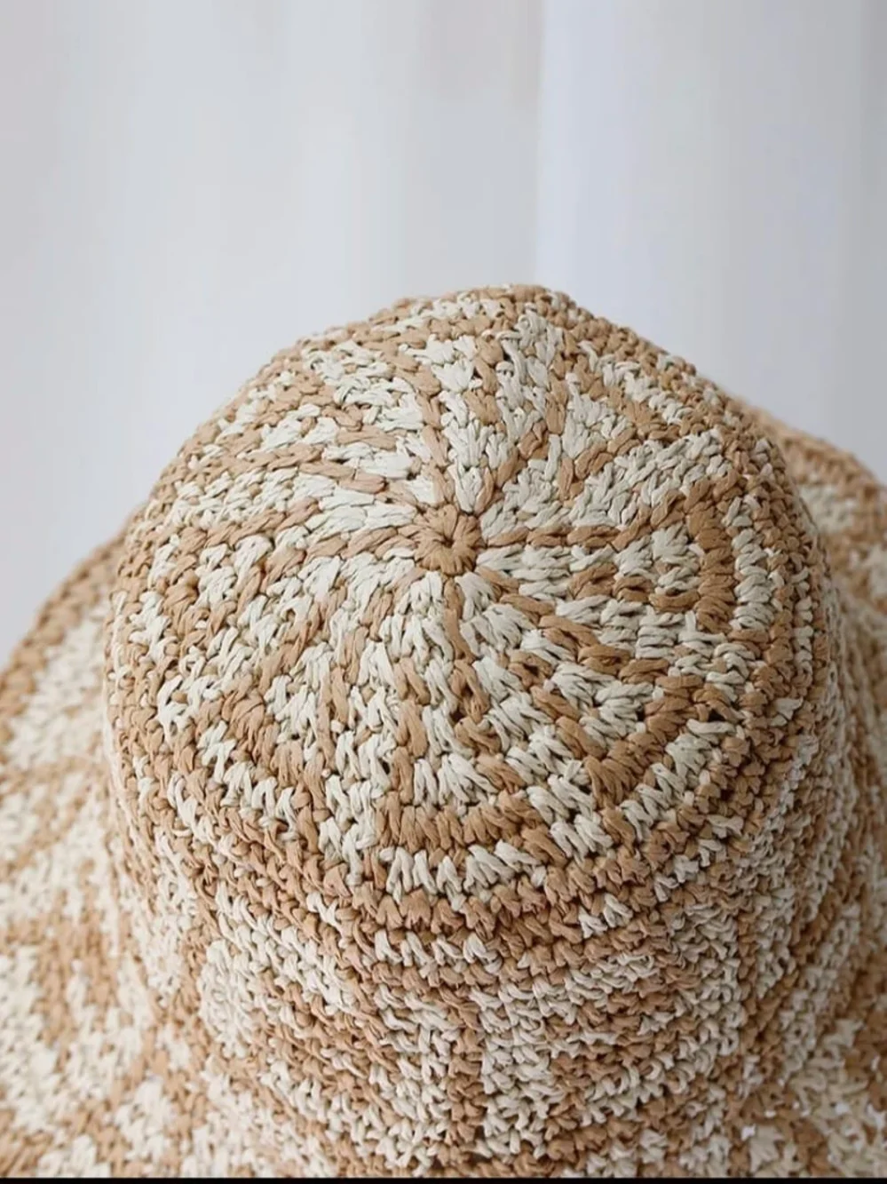 Neutral Two-Tone Crochet Bucket Hat - Straw Beige